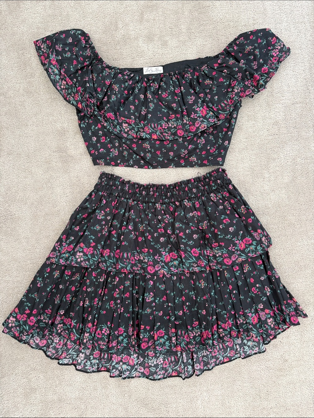 LoveShackFancy Maria Secret Garden Black Ruffle Floral Crop Top & Mini Skirt